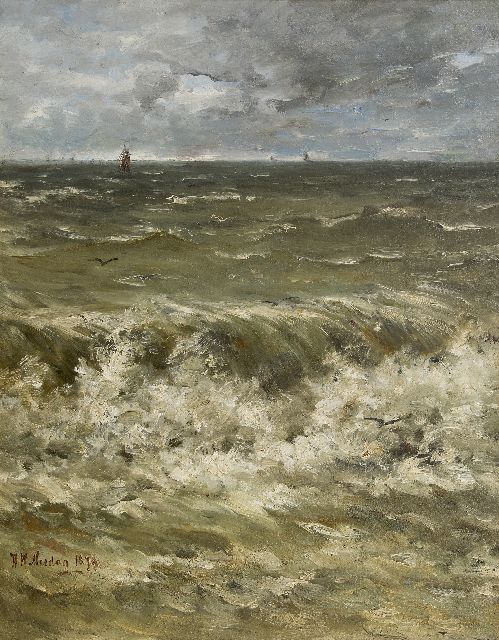 Hendrik Willem Mesdag | Breakers with ships in the distance, oil on canvas laid down on panel, 88.6 x 69.5 cm, signed l.l. and dated 1879