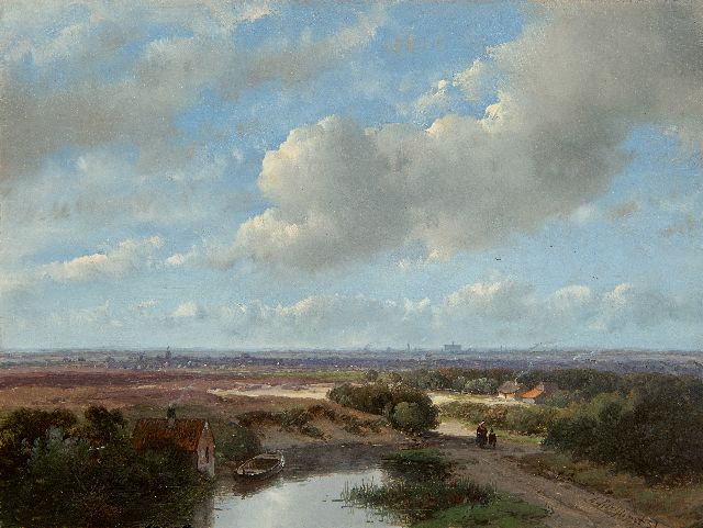 Schelfhout A.  | Panoramic landscape with the St. Bavokerk of Haarlem and a steam train on the horizon, oil on panel 17.3 x 22.9 cm, signed l.r. and dated '57