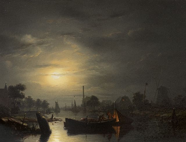 Schendel P. van | Moonlit riverlandscape near The Hague, oil on panel 33.3 x 43.4 cm, signed l.r. and dated 1846