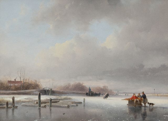 Andreas Schelfhout | Frozen river with skaters and a koek and zopie, oil on panel, 29.5 x 39.7 cm, signed l.l. and painted ca. 1832-1834