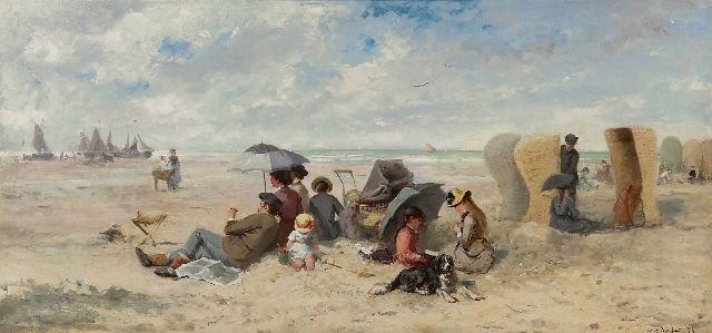 Johannes Marius ten Kate | Family day on the Scheveningen beach, oil on panel, 33.3 x 69.2 cm, signed l.r.