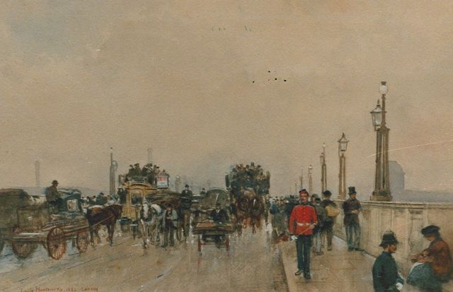 Hoeterickx E.  | Horsetrams, Waterloo Bridge, watercolour on paper 36.0 x 55.0 cm, signed l.l. and dated 1882