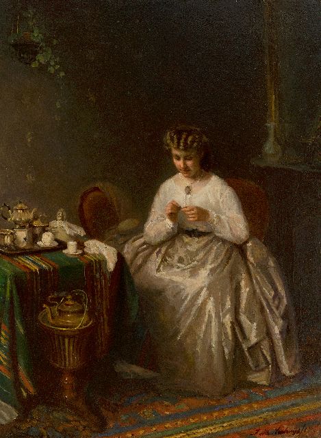 Neuhuys J.A.  | A woman sewing, oil on panel 40.1 x 31.1 cm, signed l.r.