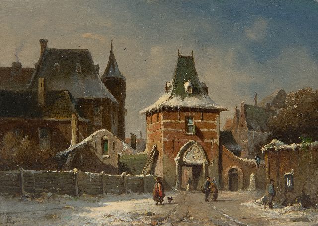 Adrianus Eversen | A town in winter with a gate, oil on panel, 14.8 x 20.5 cm, signed l.l. with monogram