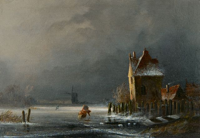 John Franciscus Hoppenbrouwers | Winter landscape with approaching snowstorm, oil on panel, 14.9 x 21.3 cm