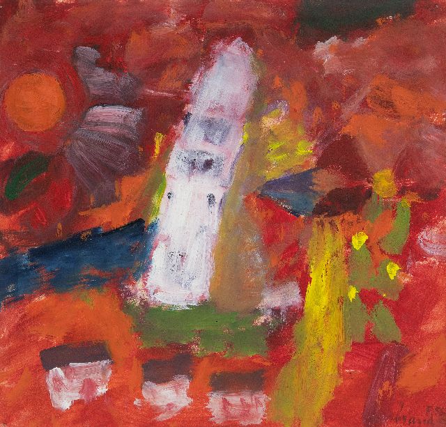 Brands E.A.M.  | Toren in landschap (Tower in landscape), oil on paper 21.5 x 22.5 cm, signed l.r. and dated 5.56
