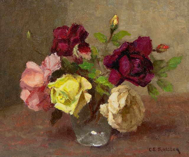 Carl Schlüter | Roses in a glass vase, oil on canvas, 25.6 x 30.5 cm, signed l.r.