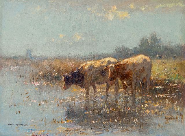 Knikker A.  | Drinking cows in a meadow, oil on canvas laid down on panel 18.0 x 24.1 cm, signed l.l.