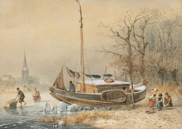 Smits J.G.  | Winter landscape with frozen ship, watercolour on paper 22.0 x 30.0 cm, signed l.r. and dated '50