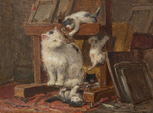 Ronner-Knip H.  | Mother cat with kittens in the studio, oil on paper laid down on panel 28.1 x 37.1 cm, signed l.r.