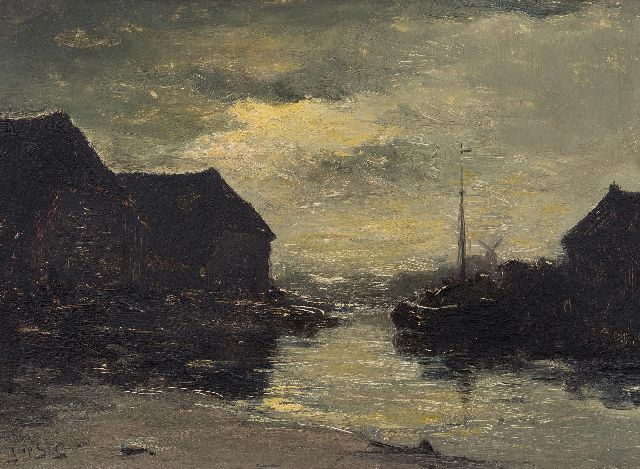 Jaap Sax | Inland harbor at night, oil on painter's board, 29.9 x 40.0 cm, signed l.l.