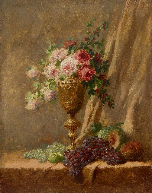 Hollandse Romantische School   | Stilll life with roses in a copper goblet and fruit, oil on panel 27.0 x 21.3 cm