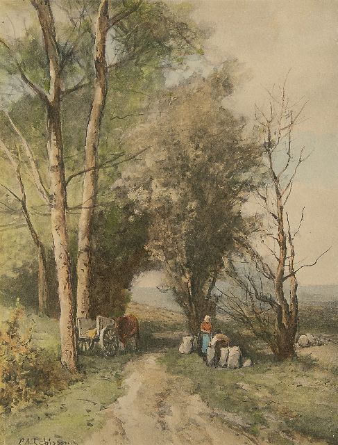 Piet Schipperus | Country road with a farmers cart and figures, watercolour on paper, 25.7 x 19.9 cm, signed l.l.