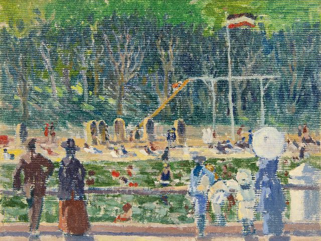 Bloos R.W.  | A sunny day at the beach pool, oil on canvas laid down on painter's board 32.0 x 42.0 cm