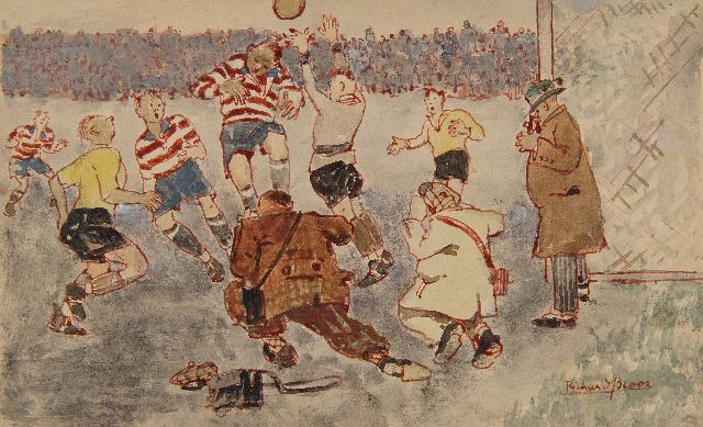 Richard Bloos | The decisive goal?, watercolour and gouache on paper, 14.6 x 23.5 cm, signed l.r.