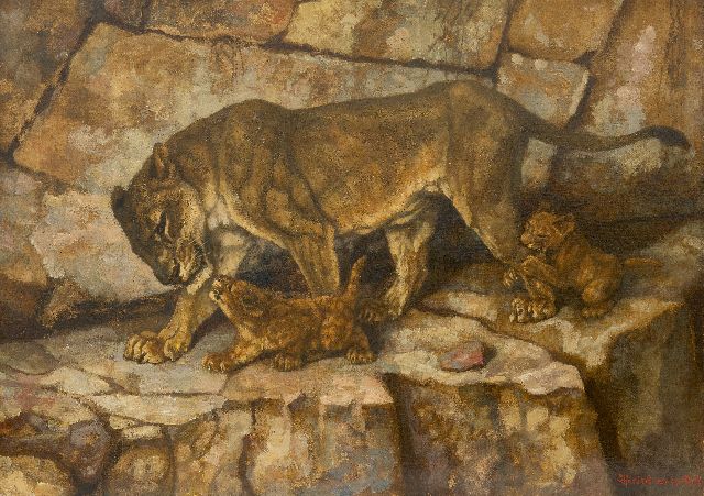 Poll D.H. van der | Lioness with her cubs, oil on canvas 49.5 x 69.8 cm, signed l.r.