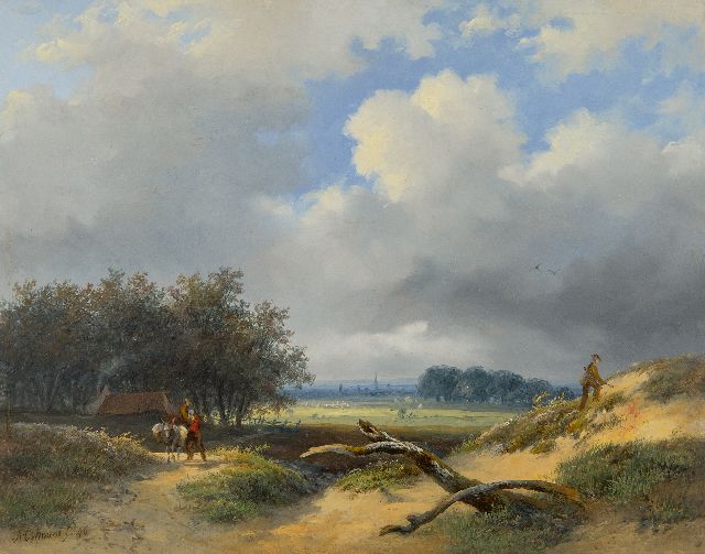 Ortmans F.A.  | Valley landscape with hunter and farmer, oil on panel 23.4 x 29.4 cm, signed l.l. and dated '46