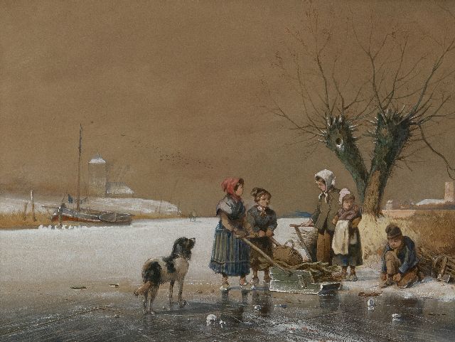 Jan Gerard Smits | Children on a frozen river, watercolour and gouache on paper, 26.5 x 35.5 cm