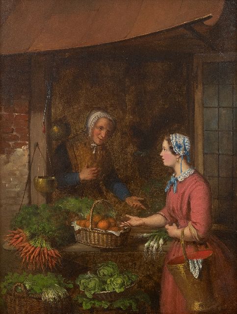 Pez A.  | A chat at the vegetable stall, oil on panel 34.6 x 26.0 cm, signed l.r. and dated 1848