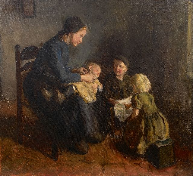 Hein Kever | A farm interior with a mother and her children, oil on canvas laid down on board, 76.1 x 82.9 cm, signed l.l.