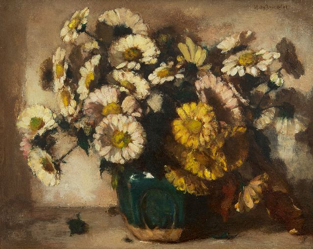 Broedelet-Henkes H.  | Daisies in a ginger jar, oil on panel 27.8 x 35.1 cm, signed u.r.