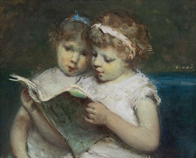 Bernard Blommers | Two sisters reading, gouache on paper, 25.5 x 32.5 cm, signed m.r.