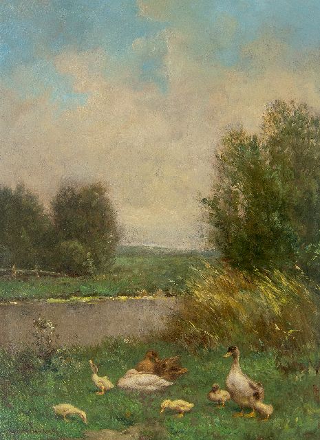 Constant Artz | Ducks and ducklings by a ditch, oil on panel, 39.9 x 30.1 cm, signed l.l.