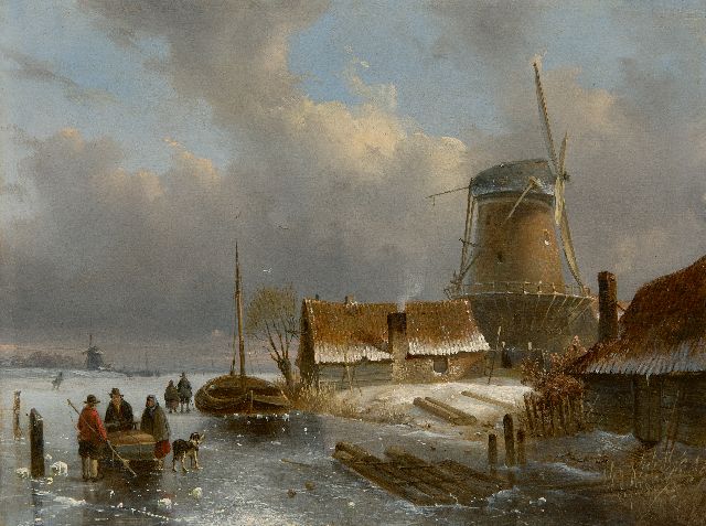 Leickert C.H.J.  | Dutch winter landscape with a sledge and figures on the ice, oil on panel 24.4 x 32.5 cm, signed l.r.