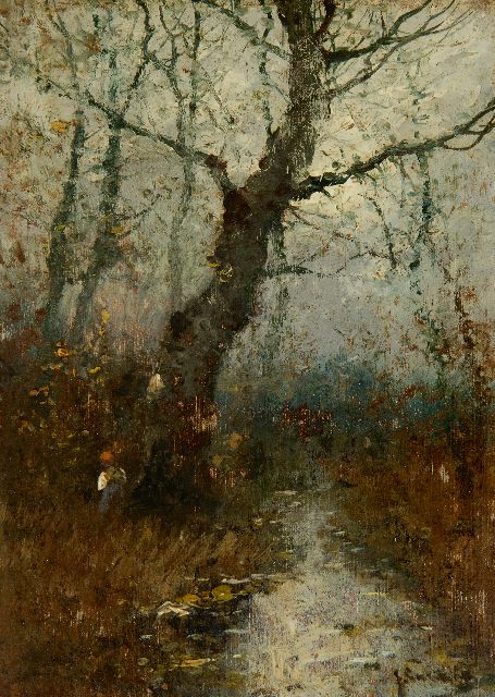 Johann Jungblut | Figure in an autumn forest (pendant winter), oil on panel, 16.2 x 11.7 cm, signed l.r.  J. Sander [pseudoniem]