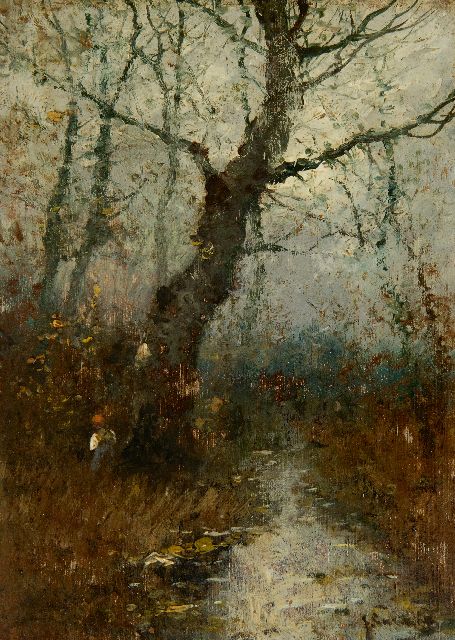 Jungblut J.  | Figure in an autumn forest (pendant winter), oil on panel 16.2 x 11.7 cm, signed l.r.  J. Sander [pseudoniem]