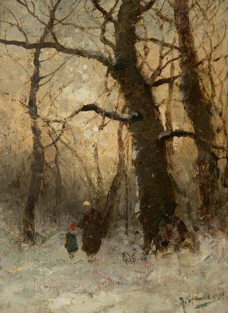 Jungblut J.  | Figures in a snowy forest (pendant summer), oil on panel 16.1 x 11.8 cm, signed l.r. J. Sander [pseudoniem]