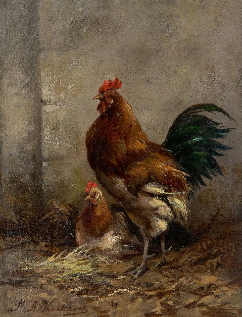 Marinus Adrianus Koekkoek II | Rooster and hen, oil on canvas, 25.1 x 19.0 cm, signed l.l.