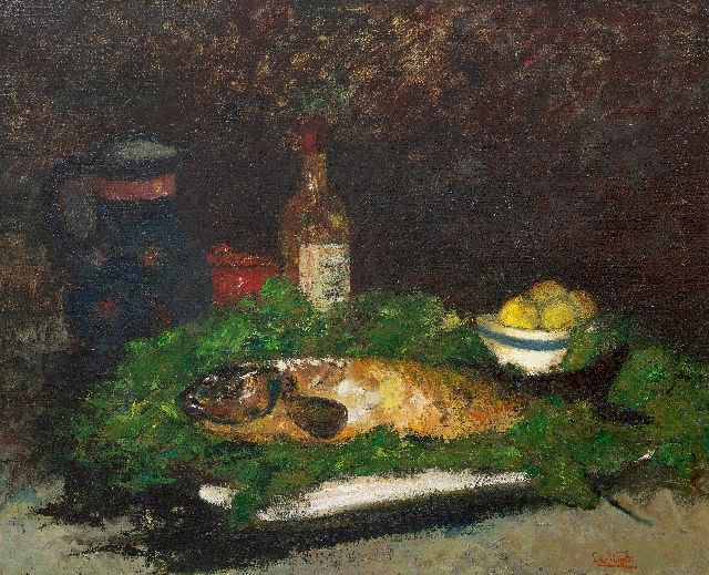 Windt Ch. van der | Still life with a fish, fruit and a wine bottle, oil on canvas 71.3 x 86.0 cm, signed l.r.