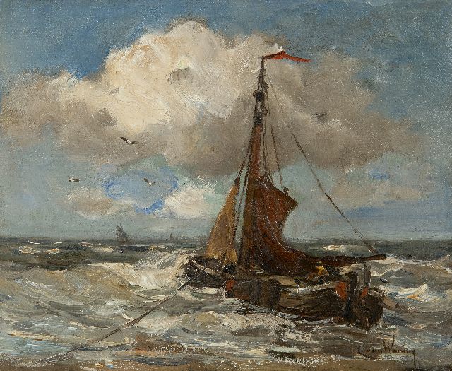 Kees van Waning | Fishing barge moored in the surf, oil on canvas, 25.2 x 31.0 cm, signed l.r.