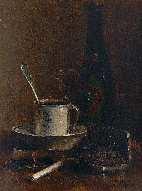 Louis Bigaux | Still life with tobacco box, cigarette and cup and saucer, oil on canvas, 32.4 x 24.6 cm, signed l.r.