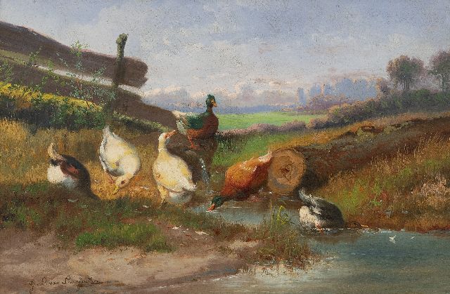 Jef van Leemputten | Ducks along a pond, oil on canvas, 24.0 x 36.5 cm, signed l.l.