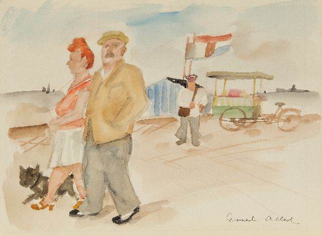 Albert E.  | Couple with dog on the boulevard, watercolour on paper 26.0 x 35.0 cm, signed l.r.