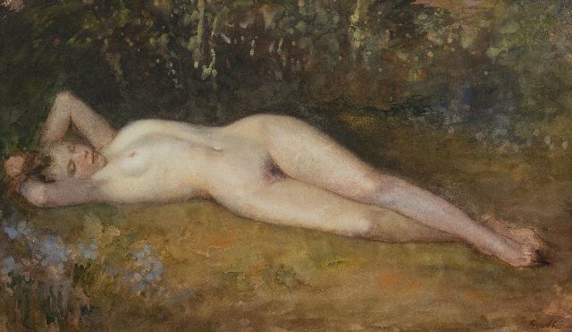 Krabbé H.M.  | Reclining nude in a forest, watercolour on paper laid down on board 51.9 x 88.5 cm, signed l.r.