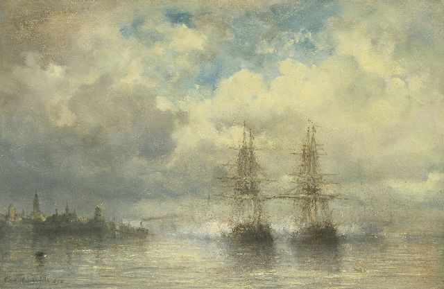 Hendrik Schaefels | Three-masters on the Scheldt near Antwerpen, oil on panel, 31.5 x 48.0 cm, signed l.l. and dated 1890