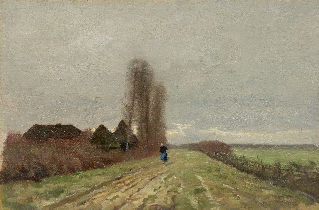 Louis Apol | Peasant woman on a country path, oil on canvas laid down on panel, 30.2 x 45.5 cm, signed l.l.
