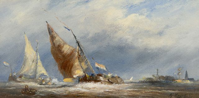 Prooijen A.J. van | Sailing sjalks in stormy weather, oil on panel 14.7 x 29.4 cm, signed l.r.