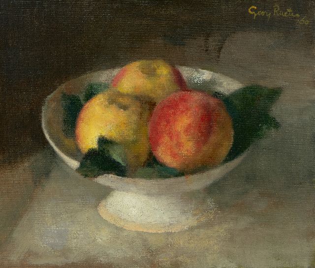 Georg Rueter | Peaches in white bowl, oil on canvas, 28.0 x 32.2 cm, signed u.r. and dated '60