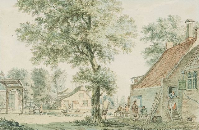 Izaäk Schmidt | Village view with figures at an inn, watercolour on paper, 12.6 x 18.3 cm, signed on the reverse