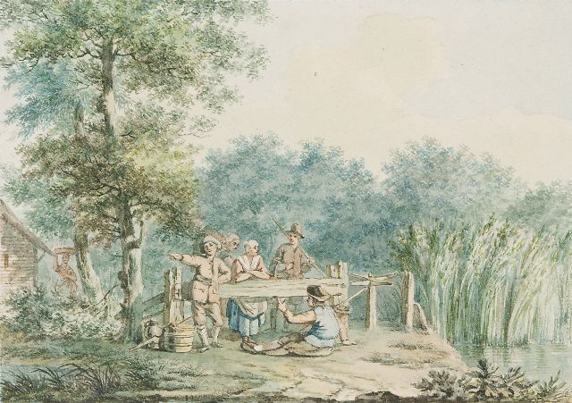 Schmidt I.  | Country folk at a fence, black chalk and watercolour on paper 11.9 x 16.8 cm, signed l.c. and on the reverse and dated on the reverse 1779