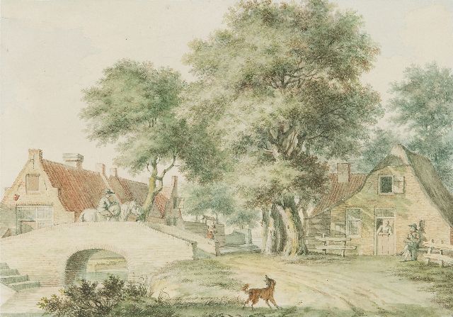 Izaäk Schmidt | Village view with figures near a stone bridge, watercolour on paper, 14.1 x 20.1 cm, signed on the reverse