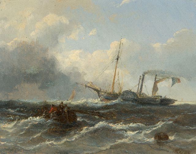 Meijer J.H.L.  | Rowing boat and a steamship at sea, oil on panel 14.9 x 19.0 cm, signed l.r.