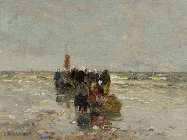 Morgenstjerne Munthe | Fishmongers waiting on the beach of Katwijk, oil on panel, 16.0 x 21.0 cm, signed l.l. and dated '15