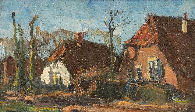 Colnot A.J.G.  | Farms on a village road, oil on canvas laid down on panel 14.8 x 24.7 cm, signed l.r.