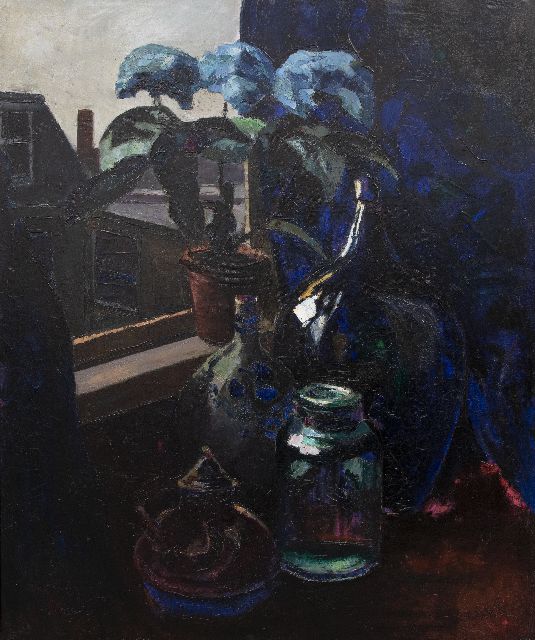 Toon Kelder | Still life with hydrangea by a window, oil on canvas, 110.5 x 90.6 cm, signed l.l. and dated '25