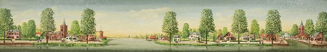 Haar J.E. ter | Dutch villages on a canal, oil on panel 30.2 x 180.2 cm, signed l.r.